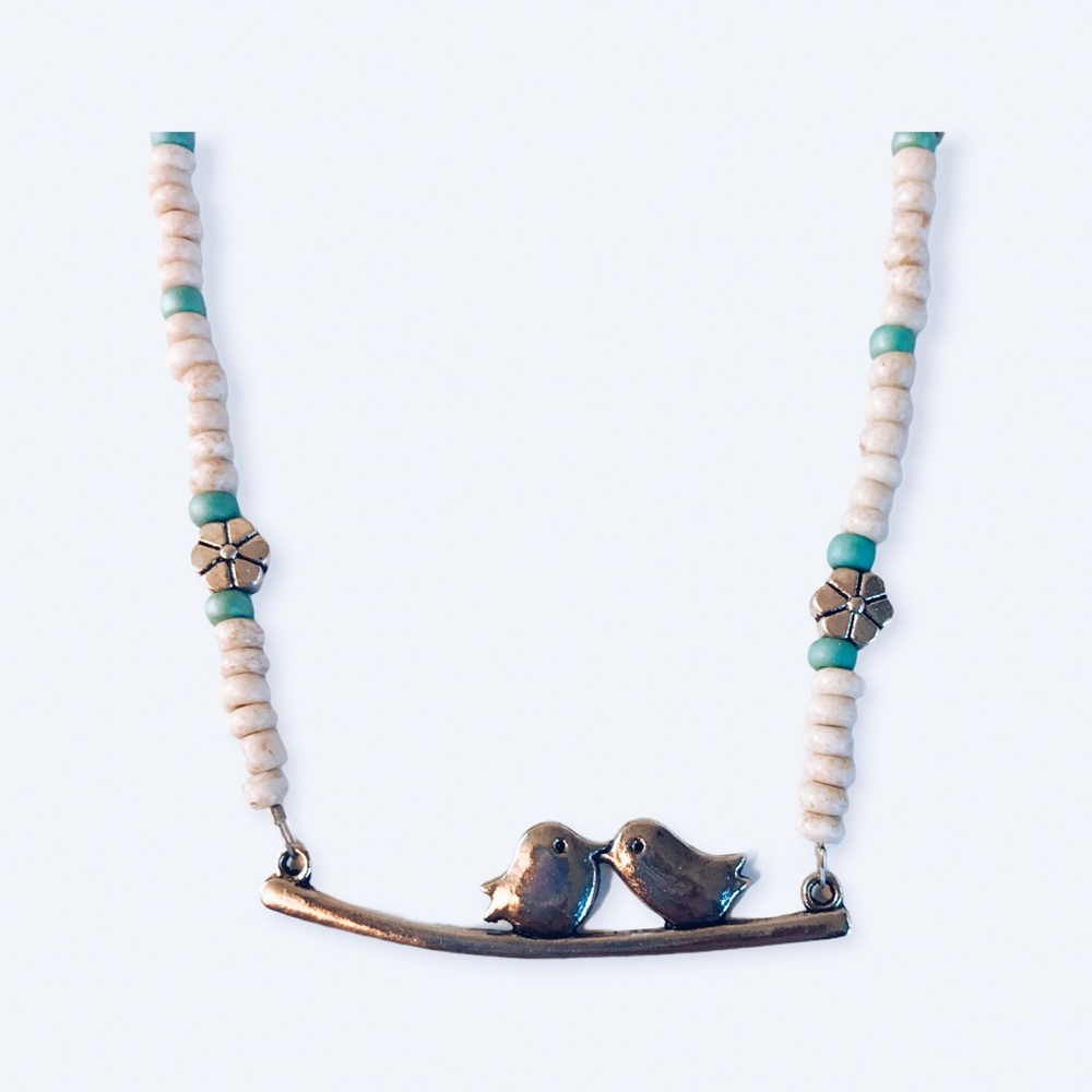 Turquoise & Ivory Beaded Love Bird Necklace